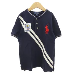 ポロ ラルフローレン POLO RALPH LAUREN ヘンリーネックTシャツ 半袖 鹿の子 ビックポニー刺繍 ライン 男の子 7 ネイビー ■GY14