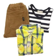 ブランシェス BRANSHES 3点セット シャツ タンクトップ パンツ 半袖 チェック柄  ボーダー柄 黄 イエロー 茶 ブラウン 黒 ブラック /NU ■GY14