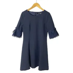 ユニバーバル ミューズ UNIVERVAL MUSE フレアワンピース レース リボン 半袖 ひざ丈 ネイビー ■GY43