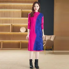 ブルー＆ピンク【Ｌサイズ】 ひざ丈 ニット　ワンピース　おしゃれ　ゆったり　大きめ　体型カバー