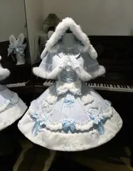 うさ耳 フード付き ケープ キャミソール ワンピース 2点セット 量産型 地雷系 ロリータ 甘ロリ ゆめかわ かわいい 冬服 パステルブルー ファー リボン 雪モチーフ コスプレ イベント 撮影用 セットアップ イースター スウィート キュート ふわふわ