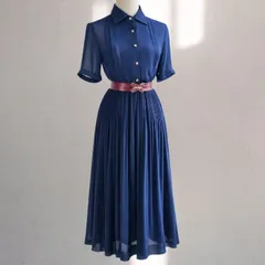 日本製 70s ヴィンテージ ネイビー プリーツ シャツワンピース 半袖 アコーディオンプリーツ 昭和レトロ クラシック 古着