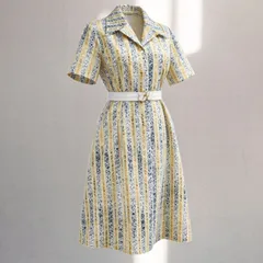 70's ヴィンテージ ワイドカラー 半袖シャツワンピース レトロ 昭和 クラシック ストライプ レース