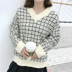 【ブラック/ＸＬサイズ】春物 オーバーサイズ ニットセーター Vネック チェック柄　ゆったり　大きめ　体型カバー