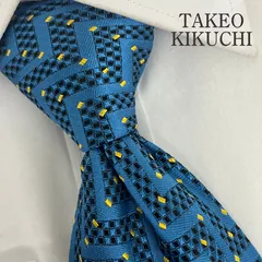 《美品》TAKEOKIKUCHI (タケオキクチ) シルクネクタイ 総柄 ひし形モチーフ ジオメトリック 幾何学模様 セルリアンブルー イエロー ネイビー