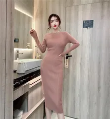 春物【ピンク★Ｌサイズ】長袖 ニットロング ワンピース レディース