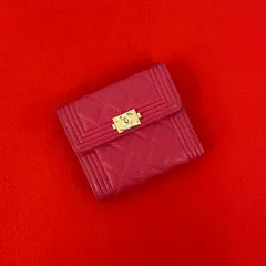極 美品 シール有 23番台 CHANEL シャネル ボーイシャネル ココマーク キャビアスキン 三つ折り 財布 ミニ ウォレット ピンク 21262