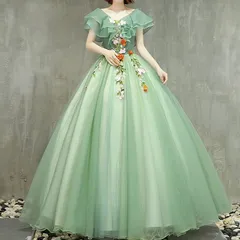 カラードレス 編み上げ グリーン 半袖 緑 ロングドレス 結婚式 二次会 発表会 演奏会 ウェディングドレス ウエディングドレス 花嫁 前撮り 