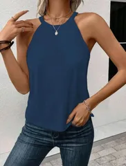 【新品】カジュアルソリッドカラーハルターネックノースリーブタンクトップ