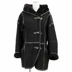 ISSEY MIYAKE イッセイ ミヤケ 1970's~80's ヴィンテージ ダッフルコート ムートン ボアライニング トグルボタン レザー パイピング ラムスキン バックベルト フード アウター レディース サイズ M ブラック 黒 香港製のサムネイル