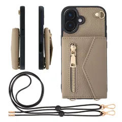 新品 HANATORA for iPhone 17 ケース ショルダー 本革 シュリンクレザー 耐衝撃 スマホケース スマホ ショルダーストラップ 付き ファスナー スマホショルダー カバー カードポケット カード収納 小銭入れ グレージュ BPCGZ-17-