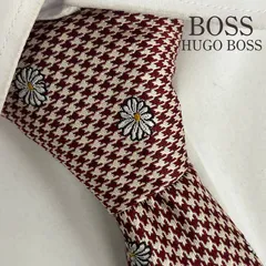 《美品》BOSS HUGO BOSS (ボス ヒューゴボス) シルクネクタイ 総柄 千鳥格子 花 デイジー 刺繍 レッド ホワイト イエロー