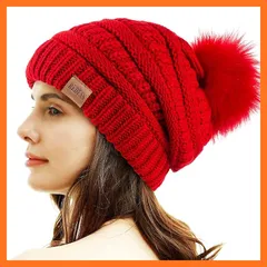 【新品】 [REDESS] レディース 冬用 ポンポン ビーニー帽子 裏地付き暖かいフリース 1
