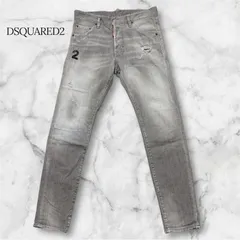 DSQUARED2 ディースクエアード グレーデニム パンツ 44 ダメージ加工 ボタンフライ 立体ヒゲ 色落ち 美シルエット メンズ イタリア製 定番 人気モデル 革パッチ