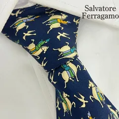 《美品》Salvatore Ferragamo (サルヴァトーレ・フェラガモ) シルクネクタイ イタリア製 乗馬 鳥 ネイビー ブルー オレンジ グリーン