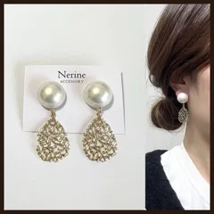 パール　透かし　雫　ハンドメイド　ピアス　イヤリング
