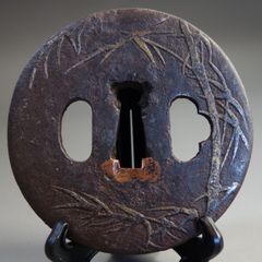 無銘 鉄地鐔 布目象嵌 橋図 鍔 拵 日本刀 刀装具 骨董 古美術 江戸時代 鍔 鉄地大根図鐔 重◯ 象嵌 日本刀 刀装具 骨董 古美術 江戸時代