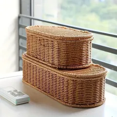 【新品?未使用】 お洒落な籐製棚かご、蓋付き 多目的楕円形織り収納ボックス デスクトップオーガナイザー 高級ギフトケース 防塵カトラリー