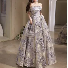 【新品?未使用】 カラードレス プリンセスライン オフショルダー 紫 花柄 ロングドレス ウェディングドレス 結婚式 二次会 花嫁 前撮り 演