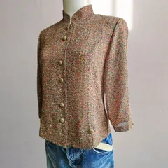 昭和レトロ 80's 多色 ミックス スタンドカラー 7分袖シャツ ヴィンテージ クラシック 古着 韓国製