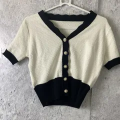 レディース Vネック コントラストカラー オープンカーディガン ショート丈　白×黒 □〇