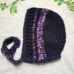 AW-27 秋冬用 ハンドメイド アクリル ボンネット バラクラバ 耳当て付き帽子 黒X紫