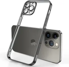 iPhone 12/13/14 対応 方形メッキケース 柔らかい透明 TPU 背面 耐衝撃保護 ブラック