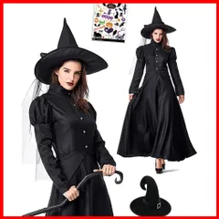 Madrugada 魔女 クラシカル 本格 コスプレ ロングスカート ブラック ドレス 黒魔女 ハロウィン 魔女 魔法使い ウィッチ コスプレ 魔女の帽子 ハロウィン タトゥーシール付き 3点セット レディース S757 (L)