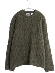 【お得なクーポン配布中!】 90s EMS フィッシャーマン ウール ニット セーター レディース XL メンズ L 程 オールド ケーブル アラン ローゲージ シンプル 無地 カーキ