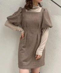 ナイスクラップ(ナイスクラップ) タートルネック チェック ONE PIECE ニット ONE PIECE レイヤード コーディネートセット バルーン ONE PIECE