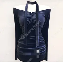 新品/*割引* ツアーベルベット オフショルダー シャーリング ミニ ONE PIECE ネイビー