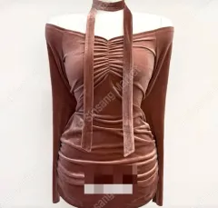 新品/*割引* チョーカー同梱 ツアーベルベット オフショルダー シャーリング ミニ ONE PIECE ピンク