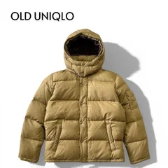 00s UNIQLO オールドユニクロ ダウンジャケット フーディー ナイロン 無地 XL ベージュ ★M225