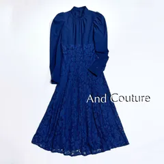 cY53 And Couture ボウタイハイウエスト切替レースブロッキングワンピース ロング ワンピース ボウタイ 総柄 スカート レース 刺繍 パフスリーブ ネイビー 17,600円