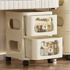 チェスト キャビネット クマの顔の窓 引き出し2段 キャスターワゴン 可愛い おしゃれ インテリア 北欧 収納 中身が見える クリーム色 プラスチック 30.2×35×48.3cm