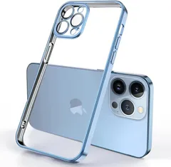 iPhone 12/13/14 対応 方形メッキケース 柔らかい透明 TPU 背面 耐衝撃保護 ブルー