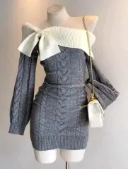 新品/*迅速発送* オフショルダー セクシーギャル リー リボン ニット ミニ ワンピース