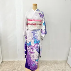 成人振袖 6点セット 振袖セット 振袖一式　紫色　青色　淡い藤色　　蝶　華やか　大人っぽい　花　ピンクの小物　 豪華袋帯 古典柄 Japan kimono レトロ kimono #きもの猫田 T425