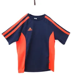 古着　adidas アディダス　メンズロゴTシャツ　Lサイズ　ネイビー系　紺色　オレンジロゴ　オレンジライン　スポーツTシャツ