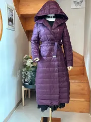 PURPLE ロング丈 ベルト付き フード ダウン コート