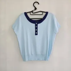 0493 タグ商品 プラスティック アイランド 半袖 ニット ブルー フリーサイズ