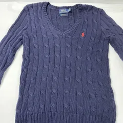 【美品】ポロラルフローレン ケーブルニット セーター 紺 ピマコットン Vネック ポニー