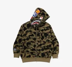 ベイス A BATHING APE アベイシングエイプ FIRST カモ ジャカード シャーク WHOグジップアップ グリーン 迷彩柄 M