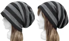 ◇送料無料◇　ハンドメイド◆ルーズワッチキャップ◆ウールフランネル ボーダー柄ニット／ブラック×グレー　◇ゆったりサイズ・寒い季節におすすめ・小顔効果◇