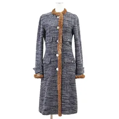 DOLCE&GABBANA ドルチェアンドガッバーナ ロングコート ツイード ファートリム DG ロゴ メタルボタン アルパカ × ウール レオパードライニング ノーカラー アウター レディース サイズ 40 ブルー系 ブラウン 青 茶色 イタリア製