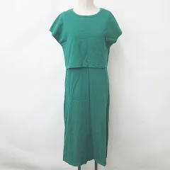 ジーユー GU セットアップ カットソー ワンピース 半袖 丸首 ノースリーブ ロング丈 フレア 綿 緑 グリーン S