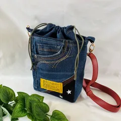 ハンドメイド デニムリメイクバッグ 巾着ショルダーバッグ 斜め掛け スクエアバッグ
