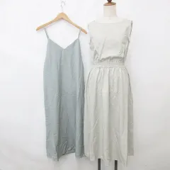 ジーユー GU ワンピース 2枚セット ロング ノースリーブ ギャザー キャミソールワンピース ペチコート ベージュ グリーン 緑 S