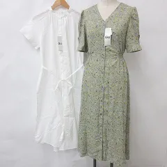 ジーユー GU ワンピース 2枚セット ロング Vネック 半袖 花柄 シャーリング バンドカラー グレー イエロー 白 ホワイト S