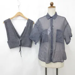 ジーユー GU シャツ ニット 2枚セット 5分袖 シアー オーバーサイズ ビスチェ 2WAY Vネック リボン メランジ グレー M